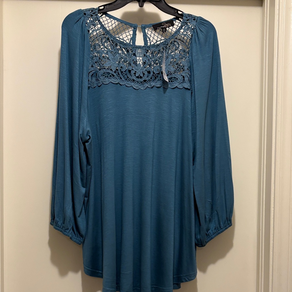 Suzanne Betro Teal Lace Accent Blouse